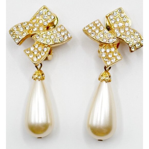 Kenneth J Lane Vintage Rhinestone And Dangling Faux Pearl‎ Earrings - Picture 4 of 4